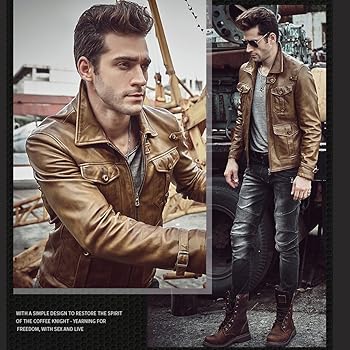 Denny&Dora Mens Leather Jacket Hunting Sheepskin Jacket Motorcycle